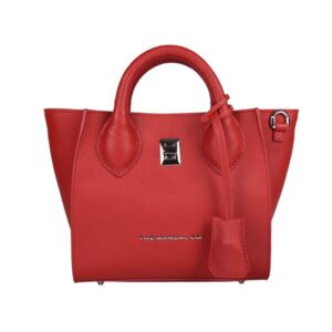 Red leather handbag with top handles, silver clasp, and textured finish
