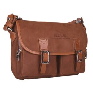 Brown leather messenger bag with buckle straps, side zippers, and "M.F.A.M." initials