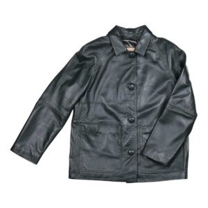  Black leather jacket with buttons, collar, and large pockets, sleek and smooth texture
