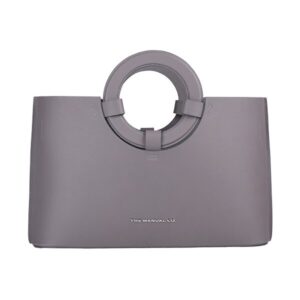 Gray textured handbag with circular handles and silver "The Manual Co" logo