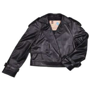 Black leather biker jacket with notched lapel, zipped cuffs, and belt buckles