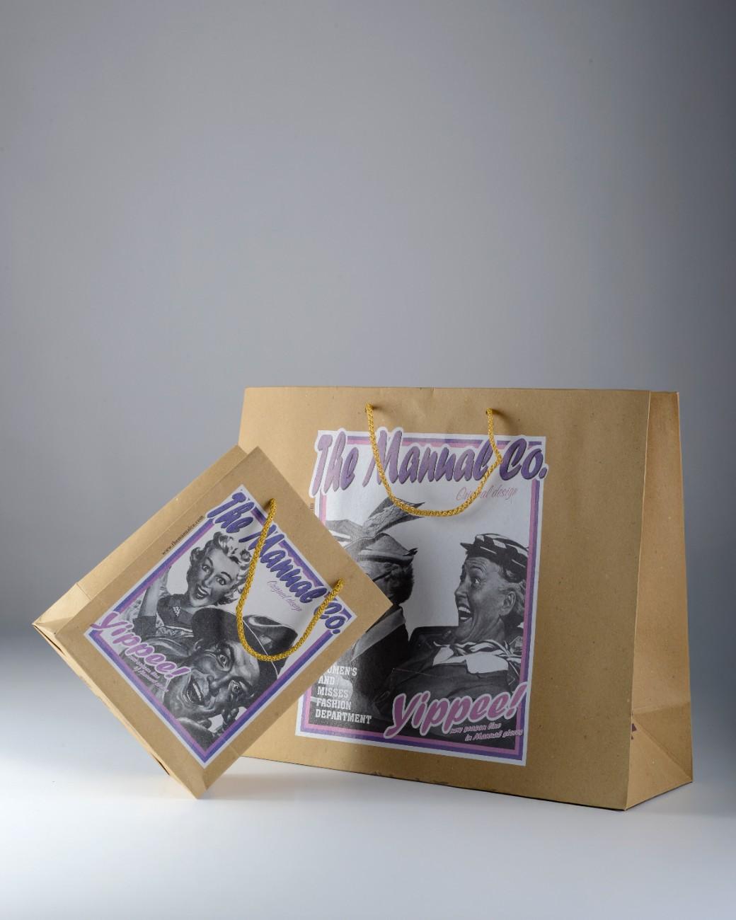 Brown bags with retro art and text: "Yippee", "The Manna Co."