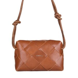 Brown woven leather crossbody bag with rope strap and knot details