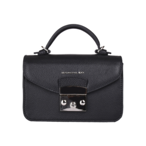 A stylish black leather handbag withBlack leather handbag with texture and silver-tone clasp