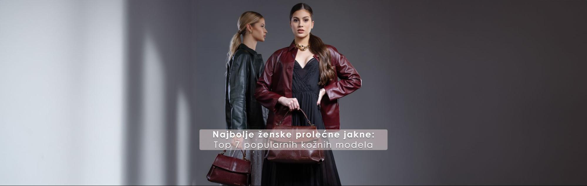 Two women in leather jackets with handbags, neutral backdrop, stylish vibe