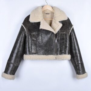 Cropped dark brown leather jacket with cream shearling lining and wide collar on hanger